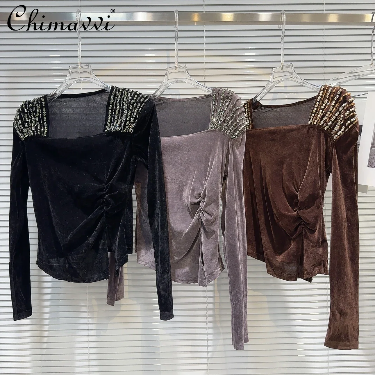 

2024 Autumn Clothes New Fashion Heavy Industry Shoulder Rhinestone Beads Velvet Slim Long-sleeved Tee Tops Women All-match