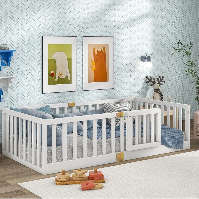 

Twin Bed with Safety Guardrails and Door, Wood Frame Beds for Kids, Door Can Install Left and Right, White