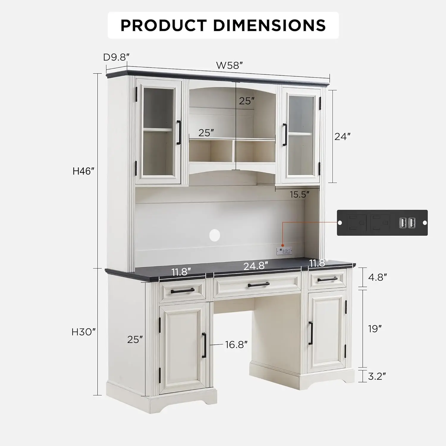 JXQTLINGMU Farmhouse Mesa de computador de 76" de altura com gaiola, mesa de escritório com estação de carregamento, gavetas e armário de armazenamento, workst