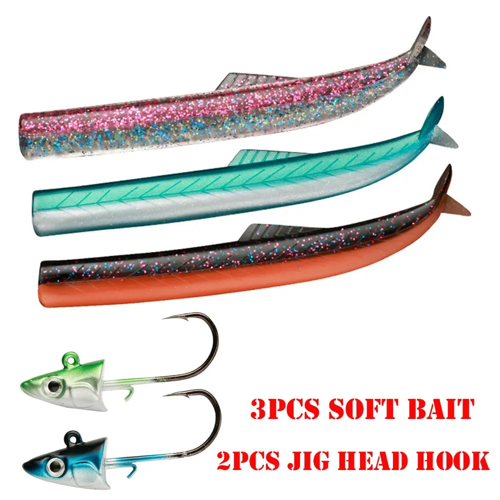 Soft Fishing Lure 10g 3pcs with Hook Flash Sand Eel Artificial Tail with Jig Head Hook Minnow Artificial Bait Saltwater Sea Bass