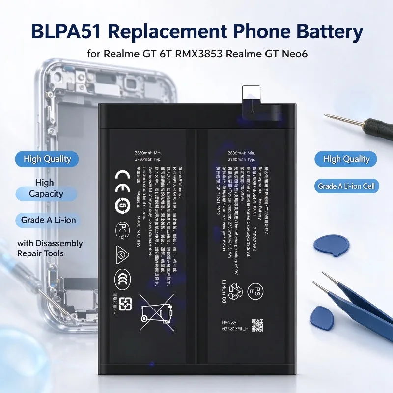 BLPA51 Replacement Battery Compatible with Realme GT 6T RMX3853 GT Neo6, High Capacity Phone Battery with Disassembly Tools