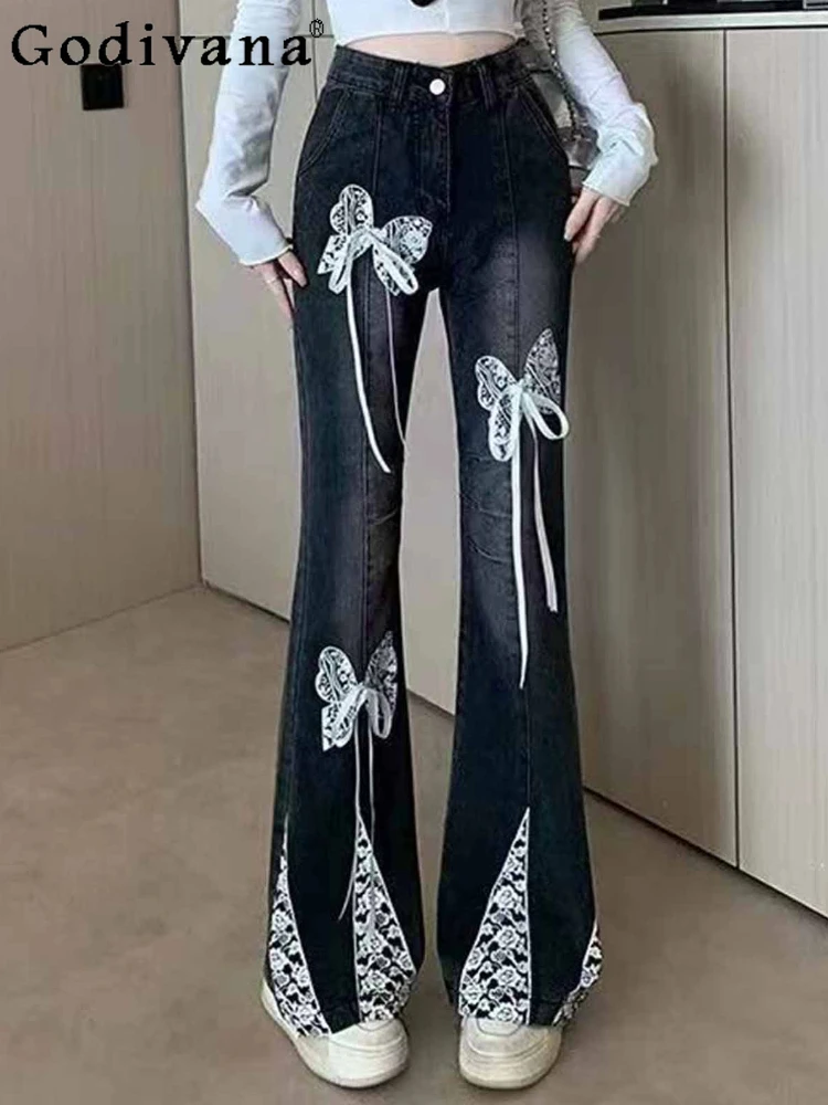 

American Retro Elegant Lace Splicing Bow Leisure Flared Jeans Women Summer New Slim High Waist Fashion Black Versatile Trousers
