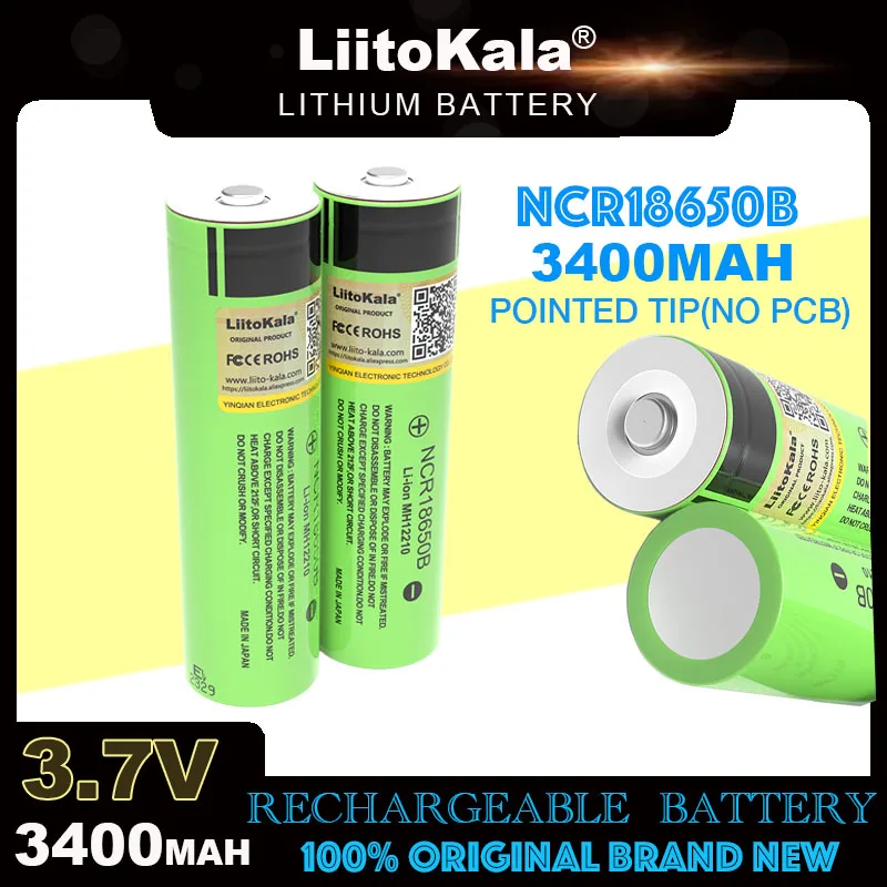 LiitoKala Original New NCR18650B 3.7v 3400mAh 18650 Lithium Rechargeable Battery with Pointed (No PCB) batteries