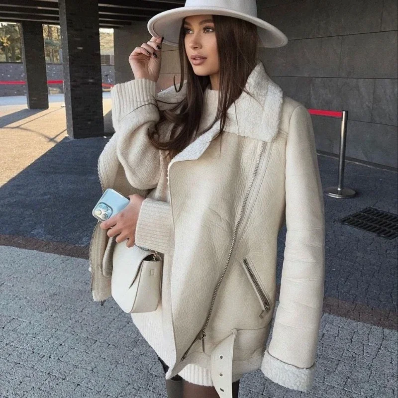 سترة Oligai شتوية دافئة سميكة من الفرو الصناعي للنساء بسحاب لراكبي الدراجات النارية معطف فاخر أبيض سميك ملابس خارجية