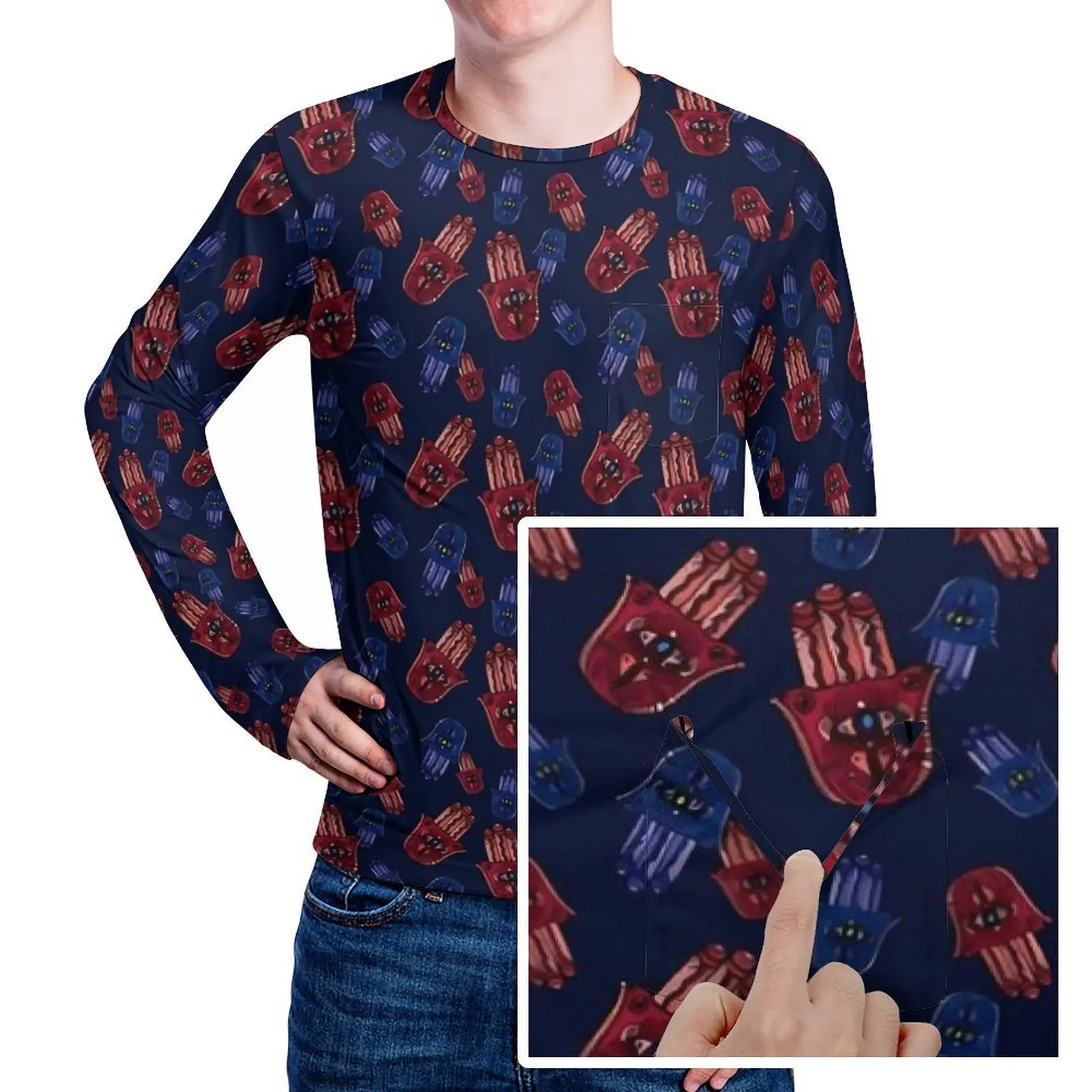 Hamsa Hand T Shirt Male Red And Blue Awesome T-Shirts Spring Popular Tees Long Sleeve Graphic Oversized Clothing