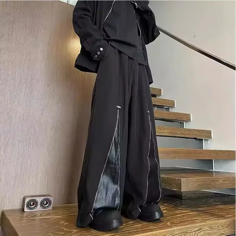 2026 New PU Leather Splicing Zipper Design Casual Trousers Japan Korean Fashion Streetwear Men's Casual Baggy Wide Leg Pants Y2k