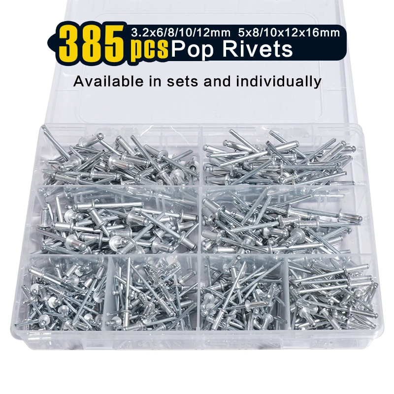 385 قطعة 8 مقاسات من المسامير الألومنيوم العمياء (3.2 × 6/8/10/12 مم 5 × 8/10/12/16 مم)، مجموعة متنوعة من مسامير البوب (فضي) #1