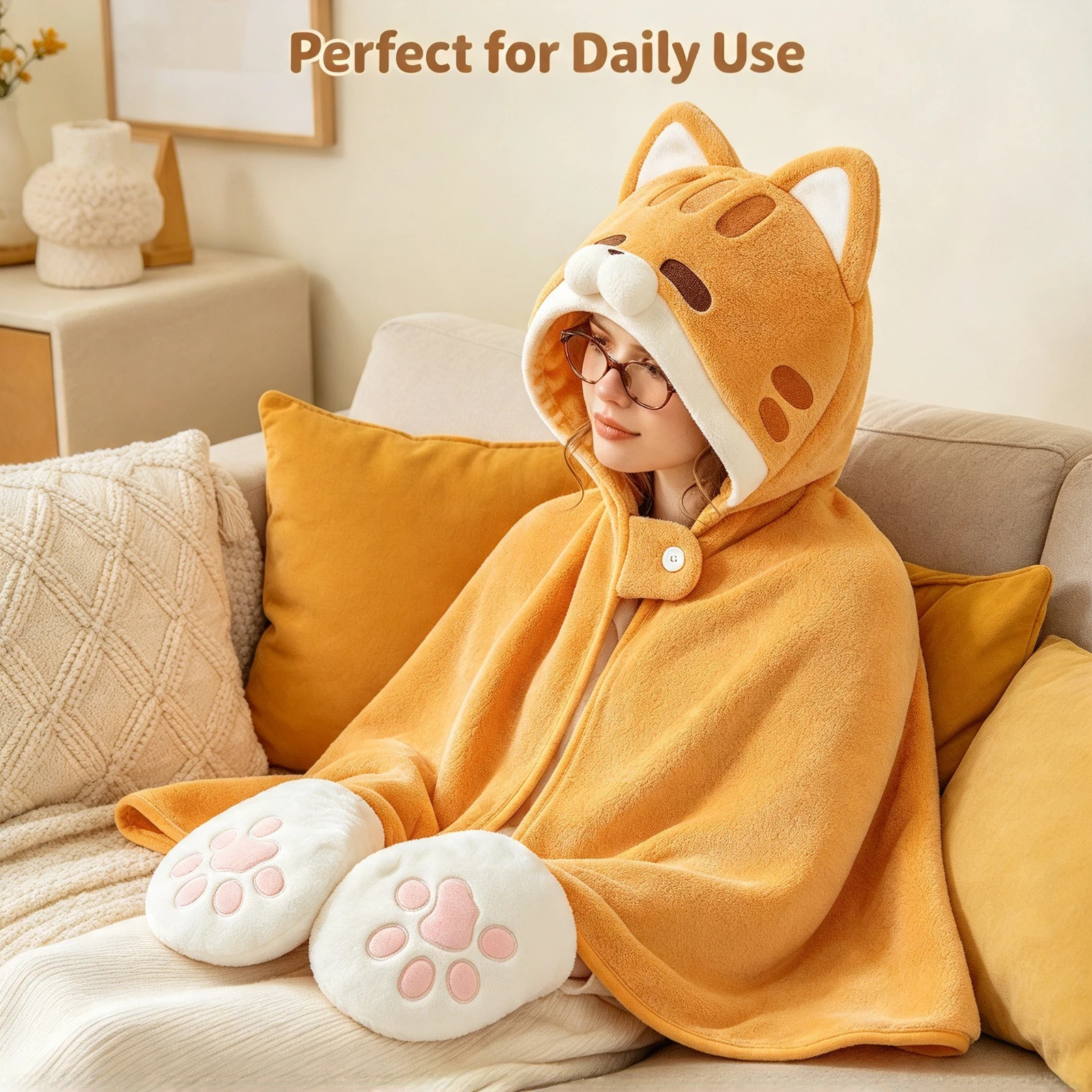 Cute Siamese Cat Hooded Cape Blanket Plush Poncho Shawl Warm Soft Lap Throw For Office AC Nap Sleep Home Gift Adults Kids