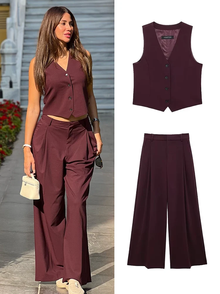 TRAFZA Female Chic Set Wine Red V-Neck Sleeveless Single Breasted Tops+High Waist Zipper Long Pants Autumn Suits Woman Trendy