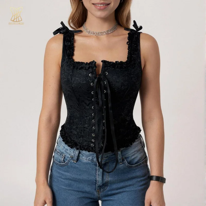 

Front strap black Lace corset top Vest for women New korset Bustier jacquard Crop Top