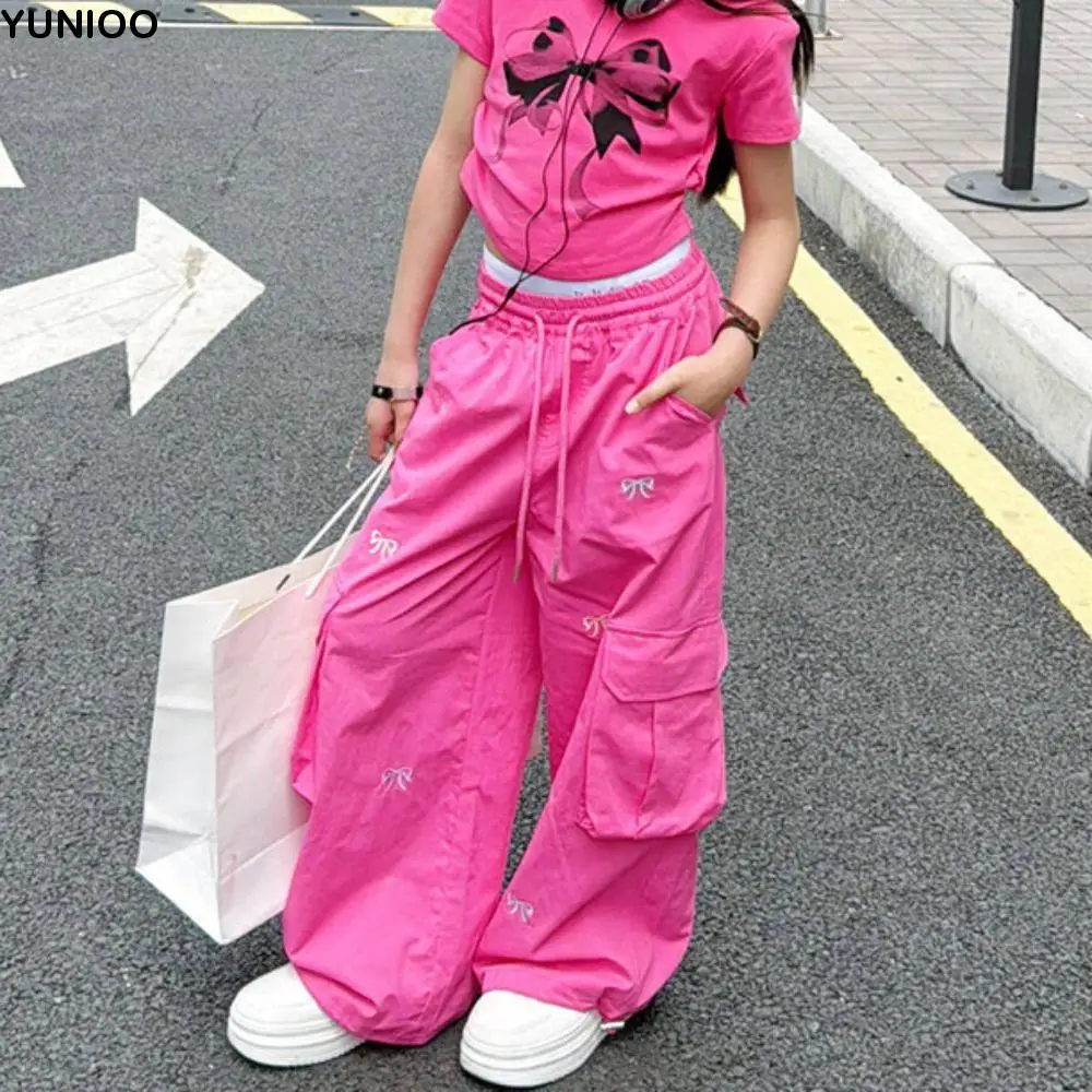 

Personality Embroidered Baggy Cargo Pants Multi Pockets Drawstring Sweet Bow Pants High Waist Wide Leg Y2k Pants Girl Streetwear