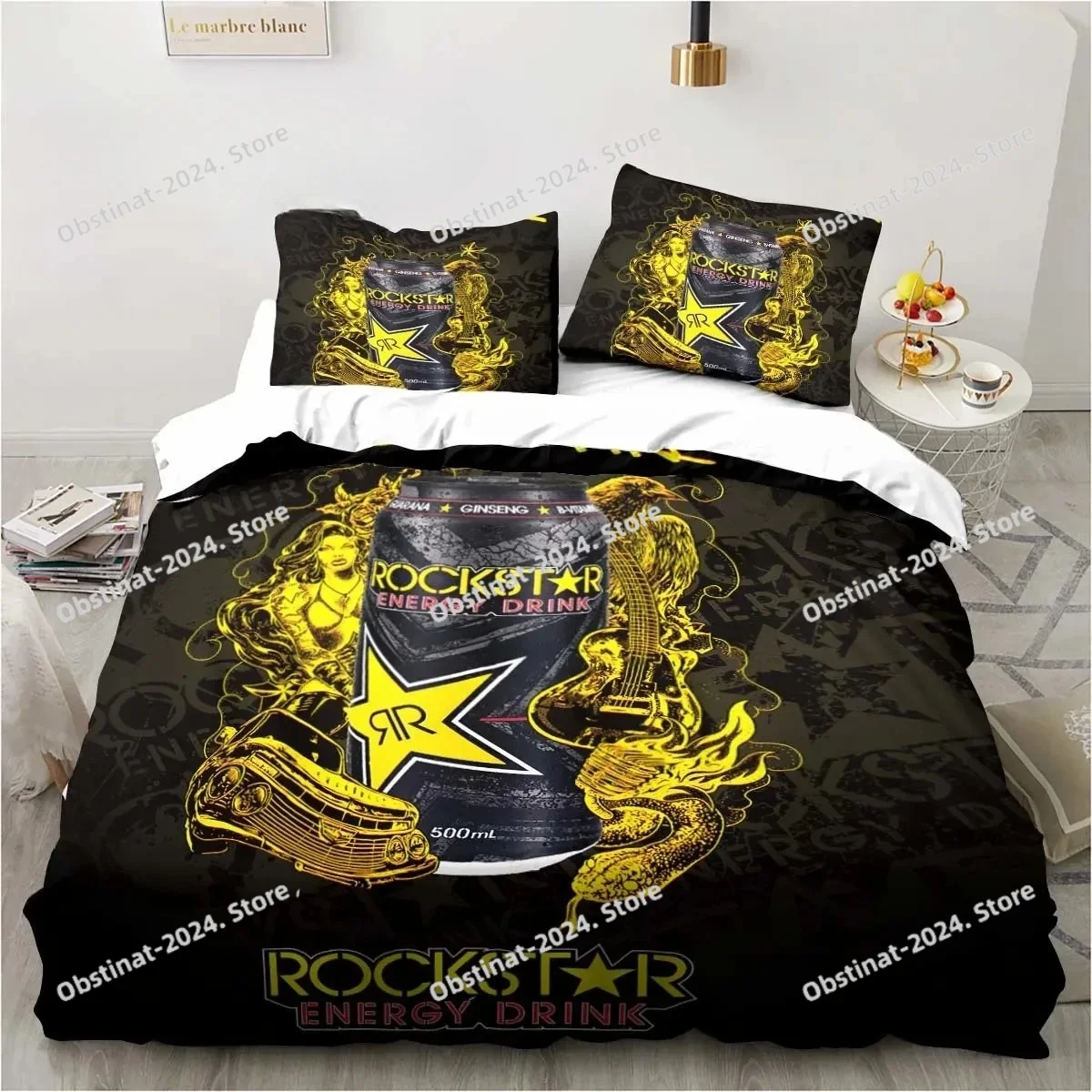 

3D Print Drinks R-Rockstar Energy Logo Bedding Set Boys Girls Twin Queen King Size Duvet Cover Pillowcase Bed boys Adult Bedroom