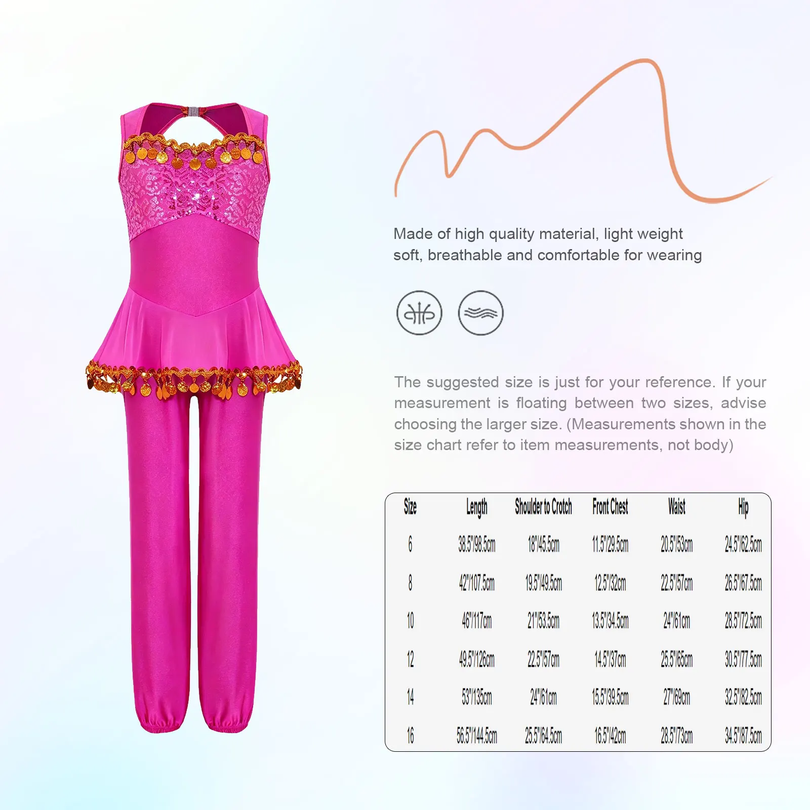 Kids Girls Arabian Princess Costume Shiny Sequin Gold Trim Tassel Mesh Peplum Jumpsuit Sleeveless Cutout Performance Bodysuit 6
