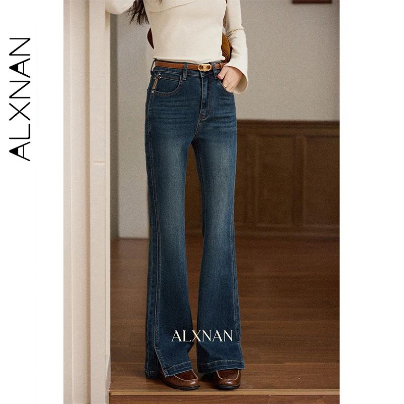 ALXNAN Vintage Blau Split Jeans frauen Herbst Gerade Baumwolle Denim Hosen Lässig Elegante High-taille Büro Dame Hosen L56975