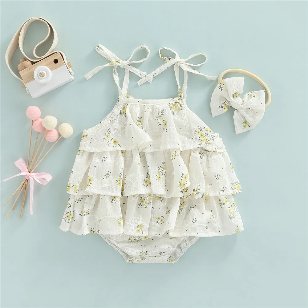 

Baby Girl Floral Print Romper Sling Sleeveless Layered Bodysuits Headband 0-24M Newborn Infant Toddler Summer Casual Outfits New