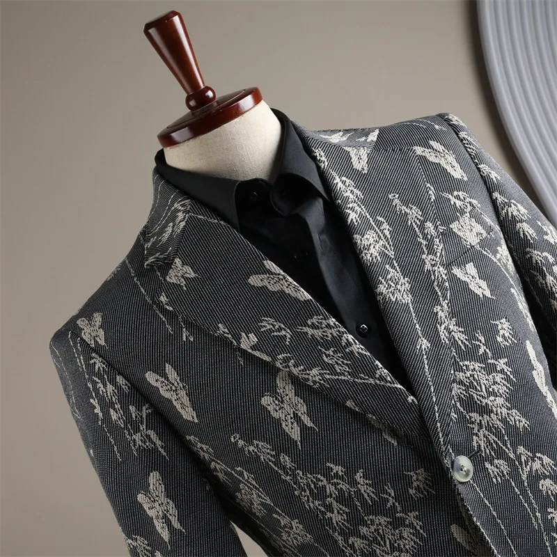 KIDWHXR Men Blazer Vintage Flower Printed Single-breasted Male Suit Coat Turn Down Collar Long Sleeve Man Business Outerwear