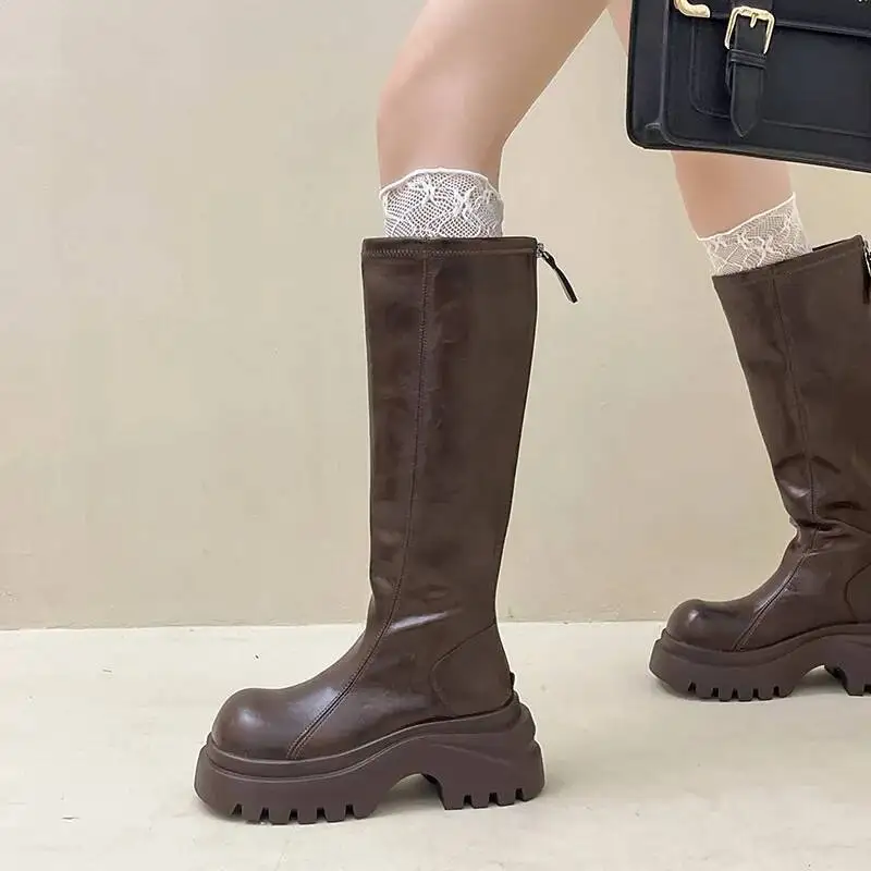 

Women's Leather Camel Tone Boots Autumn Winter Retro Versatile Round Toe Thick Soled Elevator Slip On Knee High Fashion Boots