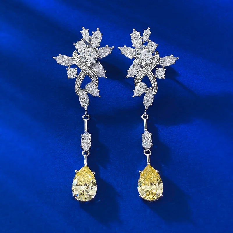 New S925 sterling silver yellow diamond pink diamond earrings with micro inlaid fulldiamond dynamic female earrings selling well