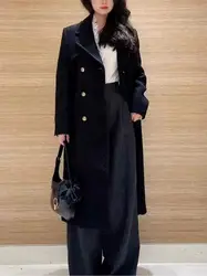 Autumn Winter Women's Wool Mid-Length Coat Double Breasted Long Sleeve Notched Collar Elegant Female Jacket