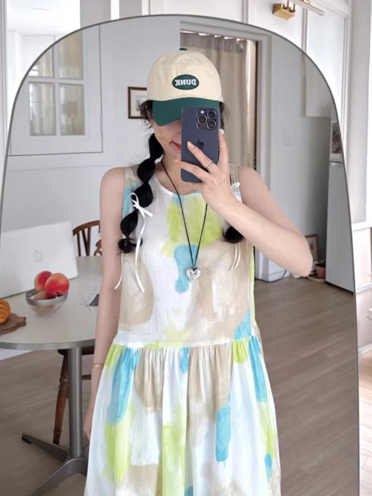 여름 새 스타일 여성의 느슨한 민소매 롱 드레스 조끼 염색 인쇄 유화 스타일 한국어 버전 롱 스커트