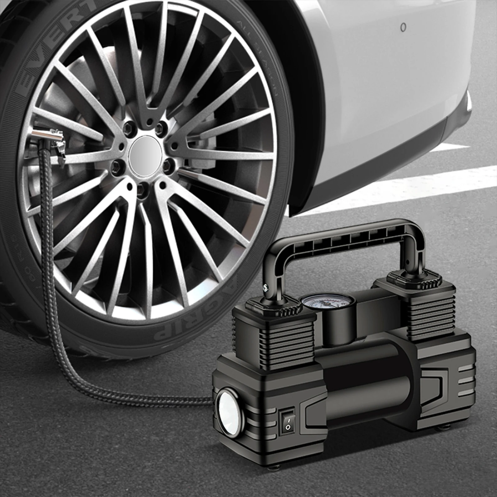 

Электрический насос для шин 12В 150PSI с манометром, мини-компрессор с двумя цилиндрами, мощный насос для шин с LED-подсветкой