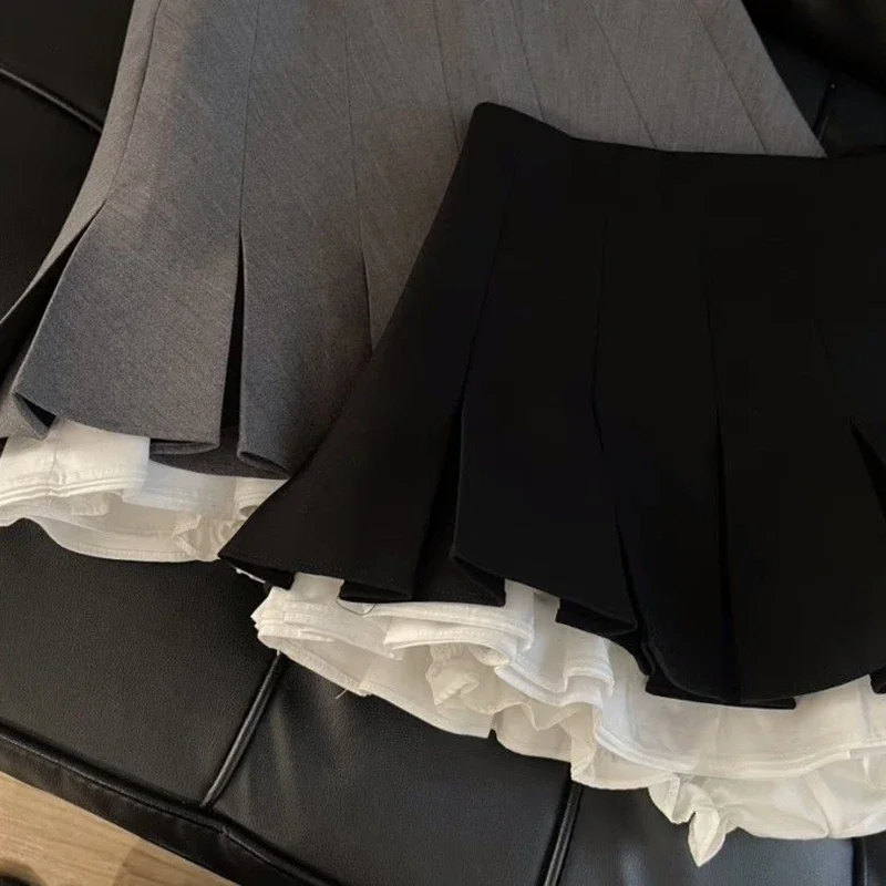 PB&ZAY2K Ruffles Black Mini Skirt Women Korean Patchwork Pleated Skirts Japanese Kawaii High Waist All Match A Line Skirt New