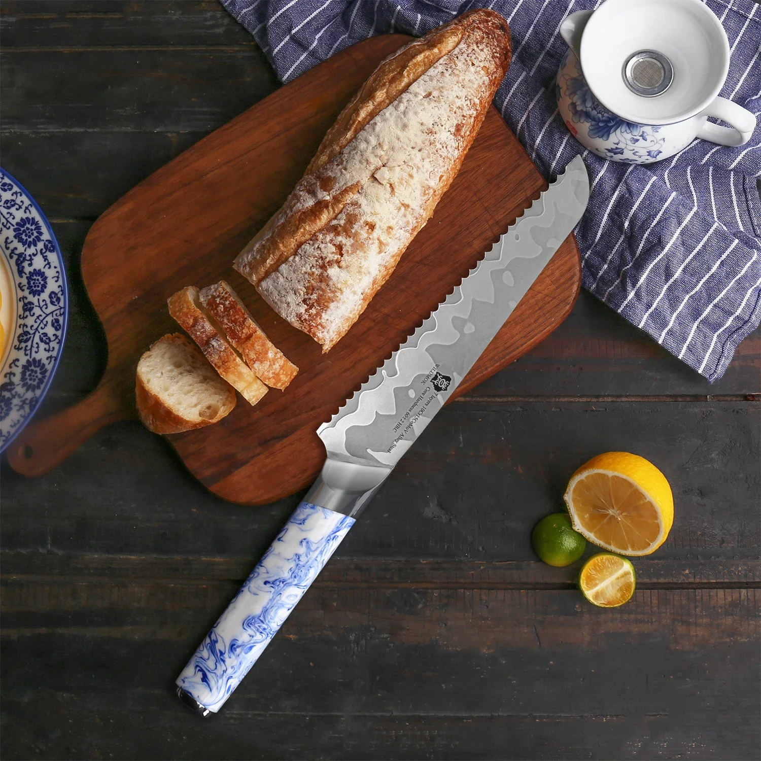 WILDMOK 8 Inch Serrated Bread Knife, 10Cr15CoMoV Core 7 Layers Clad Steel Kitchen Knife with Resin Handle for Bread Cutting