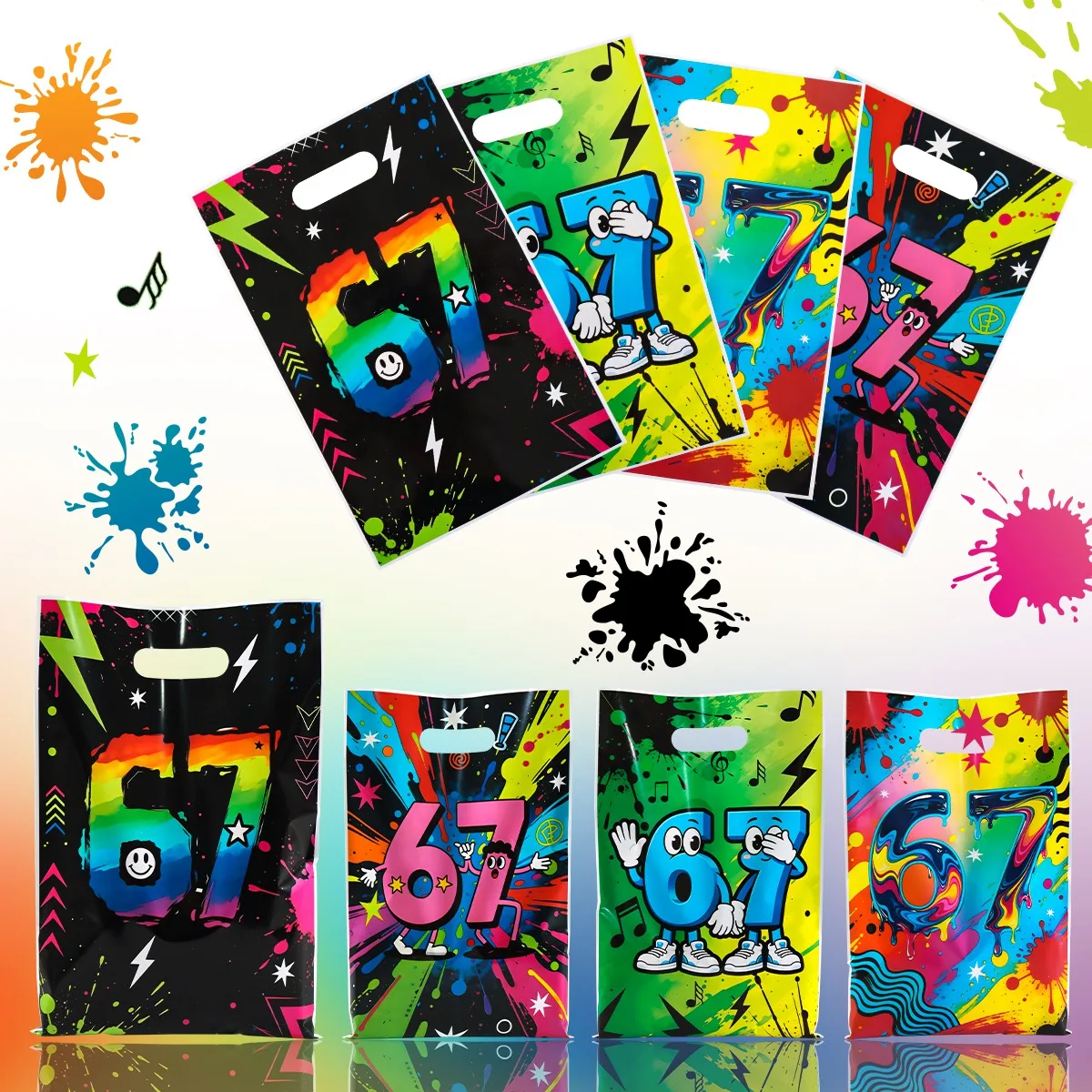 10/20/50 Stück 67 Themen-Geschenktüten, bunte Graffiti-Splash-Paint-Geschenktüten aus Kunststoff für Kinder, Teenager, Geburtstagsparty-Zubehör – Detail 5