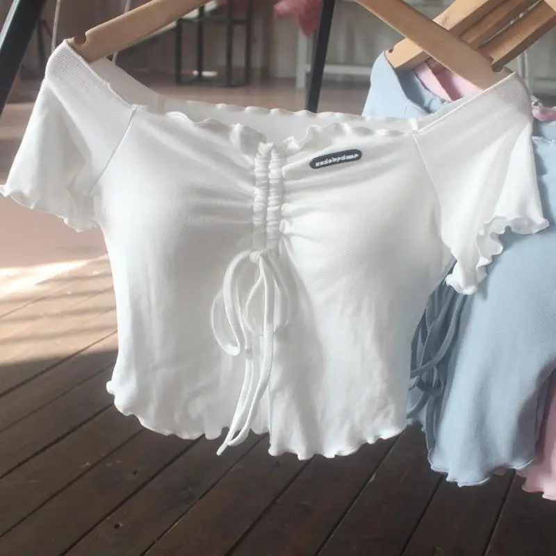 Ele Unique oulder Bared T irt T da donna Faionable Beautiful Summer High ade ort Sve Dstring T-shirt in fibra mista