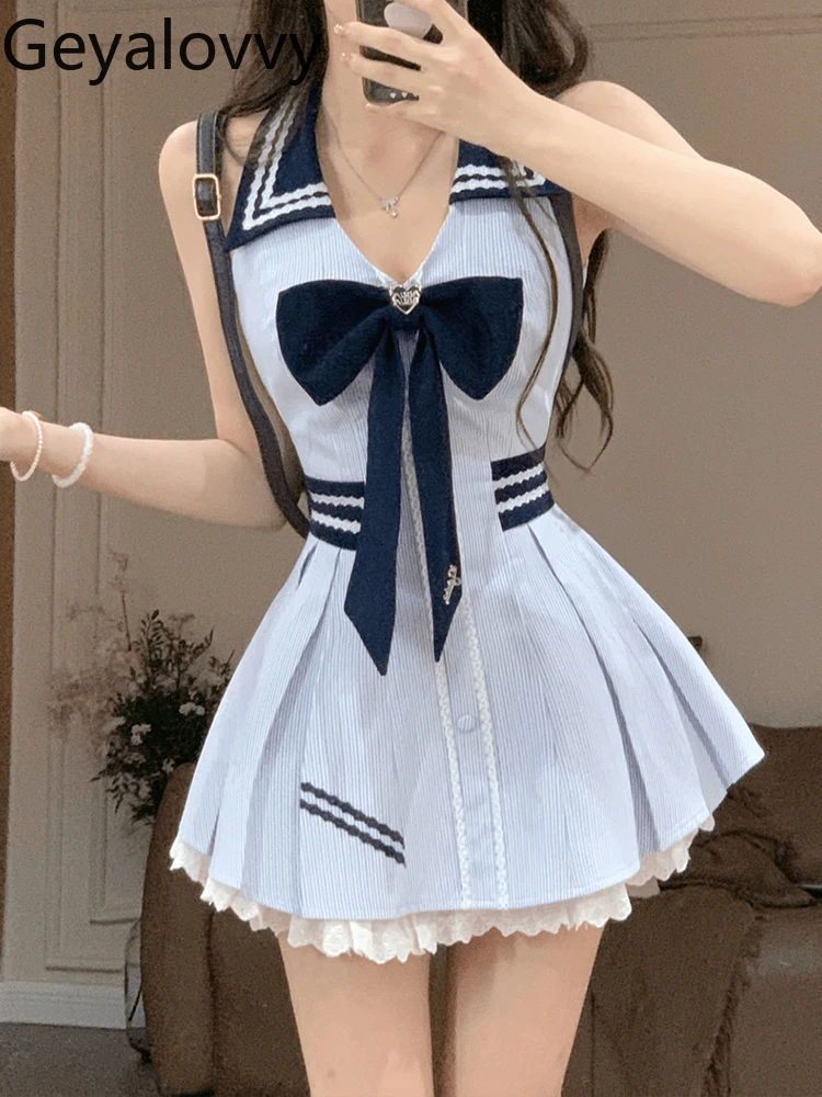 

Summer New French College Style Contrasting Color Lace Lace Sleeveless Dress Sweet Woman Temperament Bow High Waist Dresses