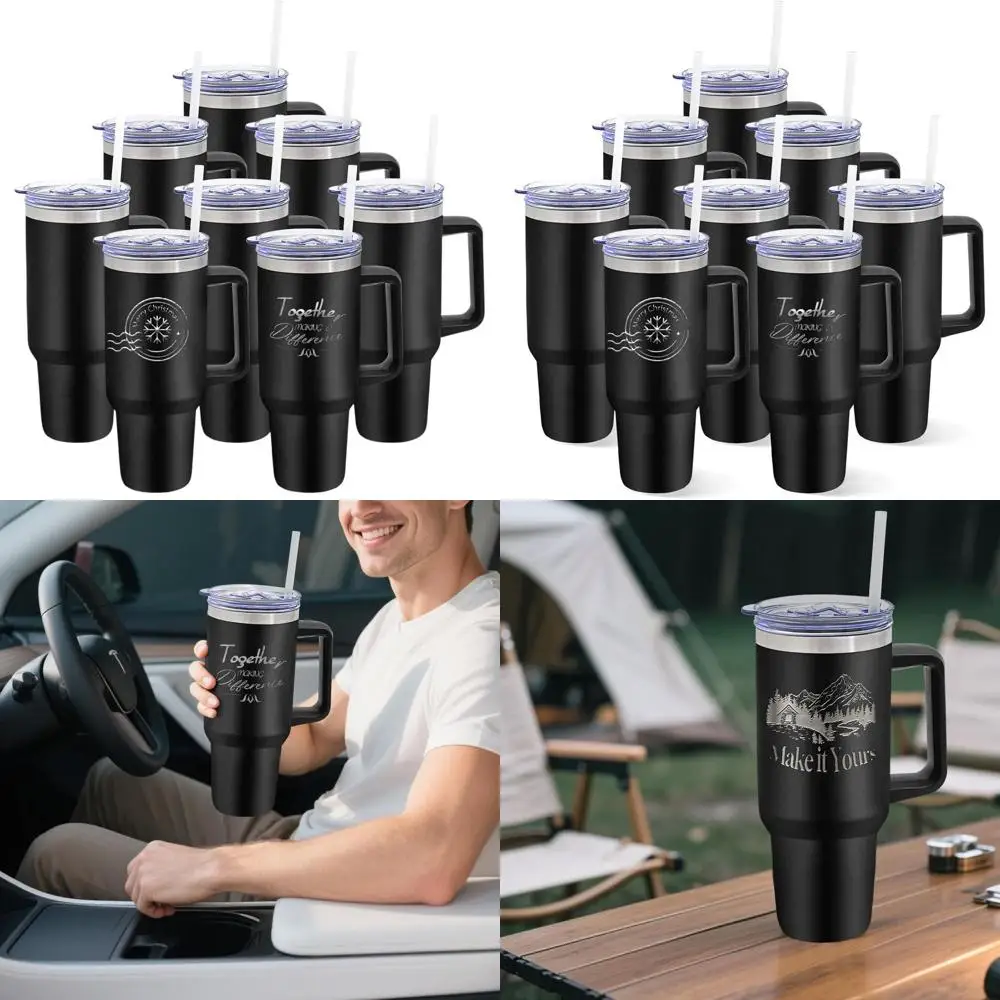

Set of 8 40oz Black Stainless Steel Insulated Tumblers with Lid, Straw, and Handle for Engraving and DIY Gifts