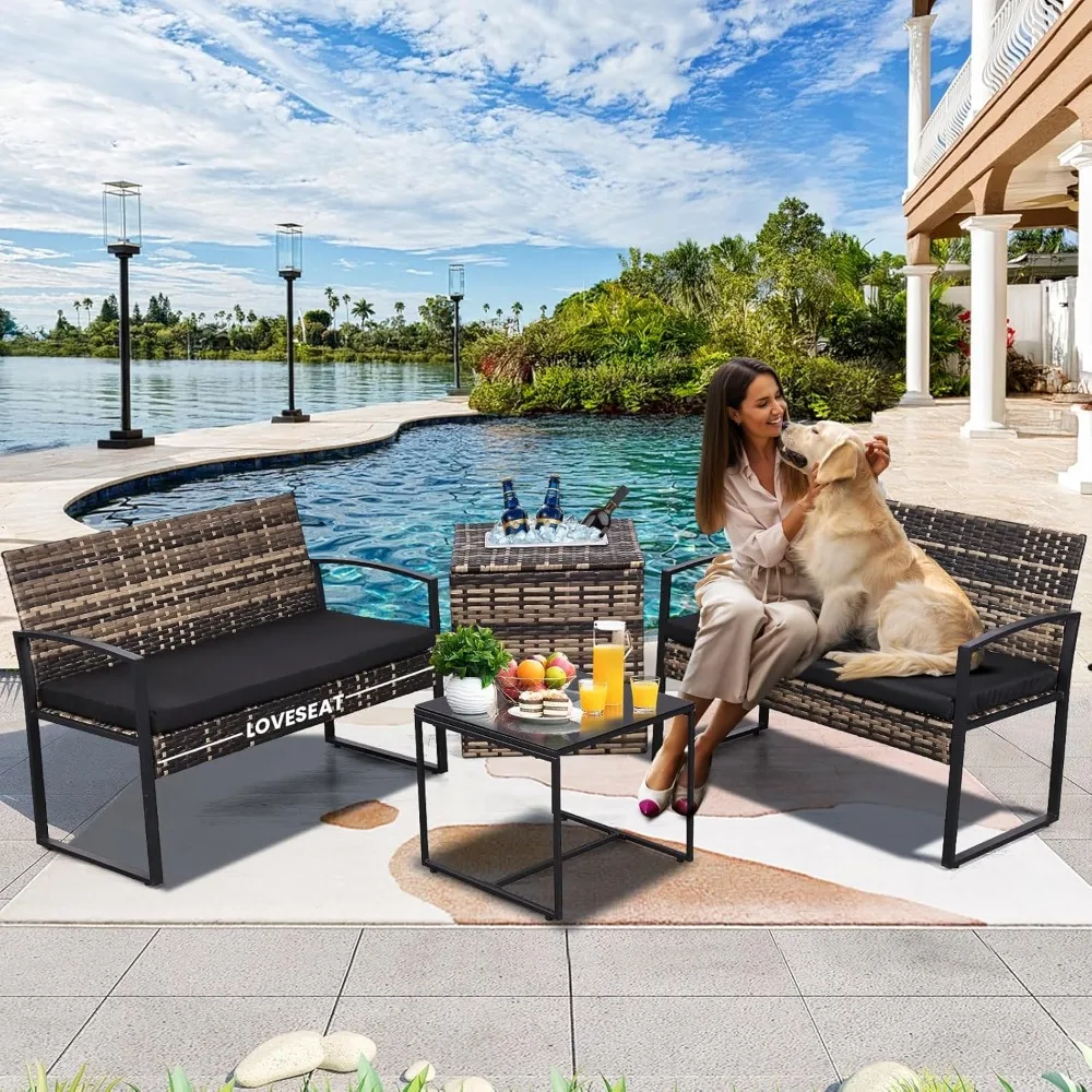 

4 Piece Outdoor Patio Furniture Set,Wicker Conversation Sets Patio Outdoor Loveseats with Built-in Beverage Cooler Storage Box &