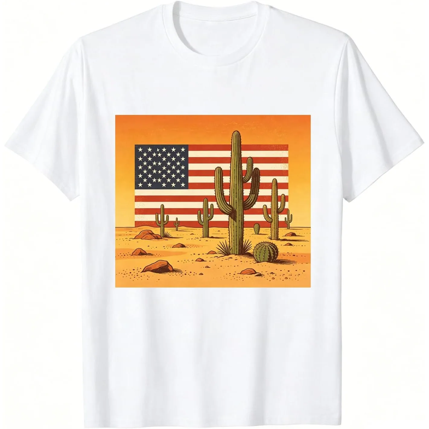 Vintage Arizona Desert Cactus American Flag Graphic Tee Men's 100% Cotton Patriotic Short Sleeve T-Shirt