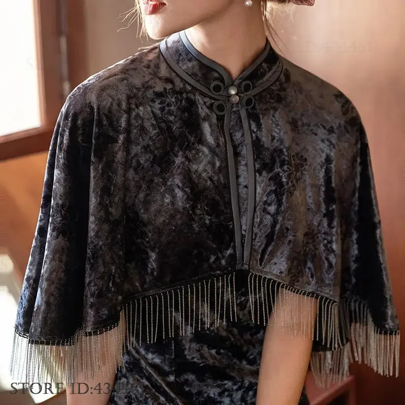 الكلاسيكية الأنيقة التقليدية شيونغسام الخريف الشتاء القطيفة طويلة تشيباو شال مجموعة فستان الحفلات المسائية مثير سبليت فساتين الصينية