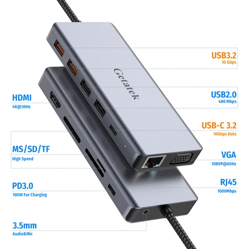 Imagen 2 del producto GETATEK 13 en 1 USB C Hub estación de acoplamiento USB 3,2 10Gbps tarjeta TF/SD puerto de auriculares VGA RJ45 adaptador HDMI para ordenador portátil Macbook