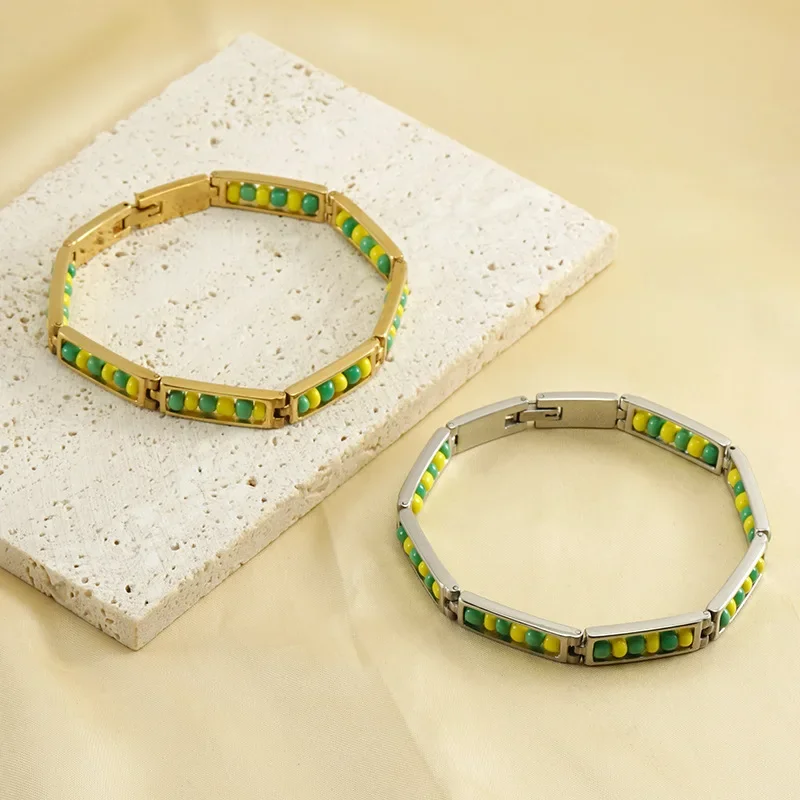 

Stainless Steel Beaded 18k Gold Plated Bracelet for Women Men Party Wedding Fashion Jewelry Colorful Beads Power Santeria Brace