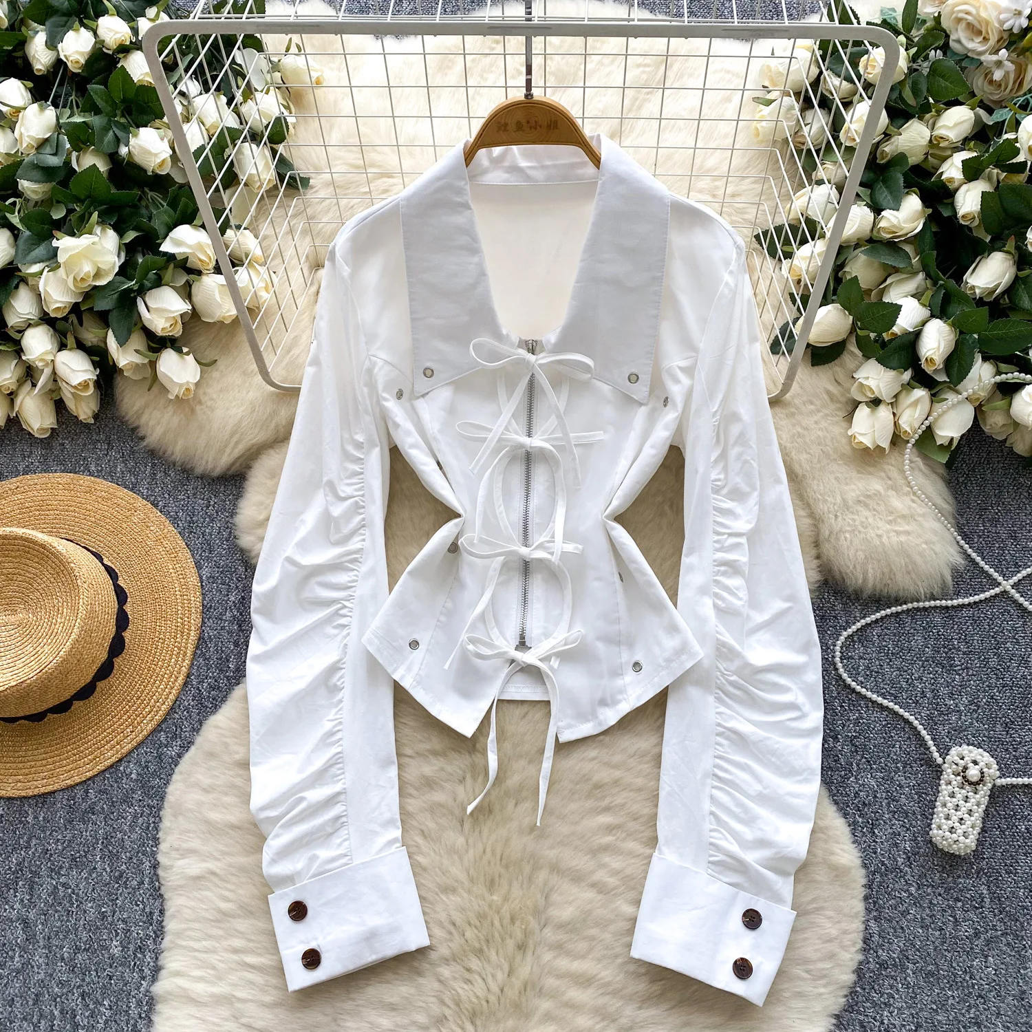 

Women Shirt Coats Solid Blouses Jackets Button Turn Down Collar Long Sleeve Bow Tie Waist Cinching Loose Office Lady 2025 Autumn