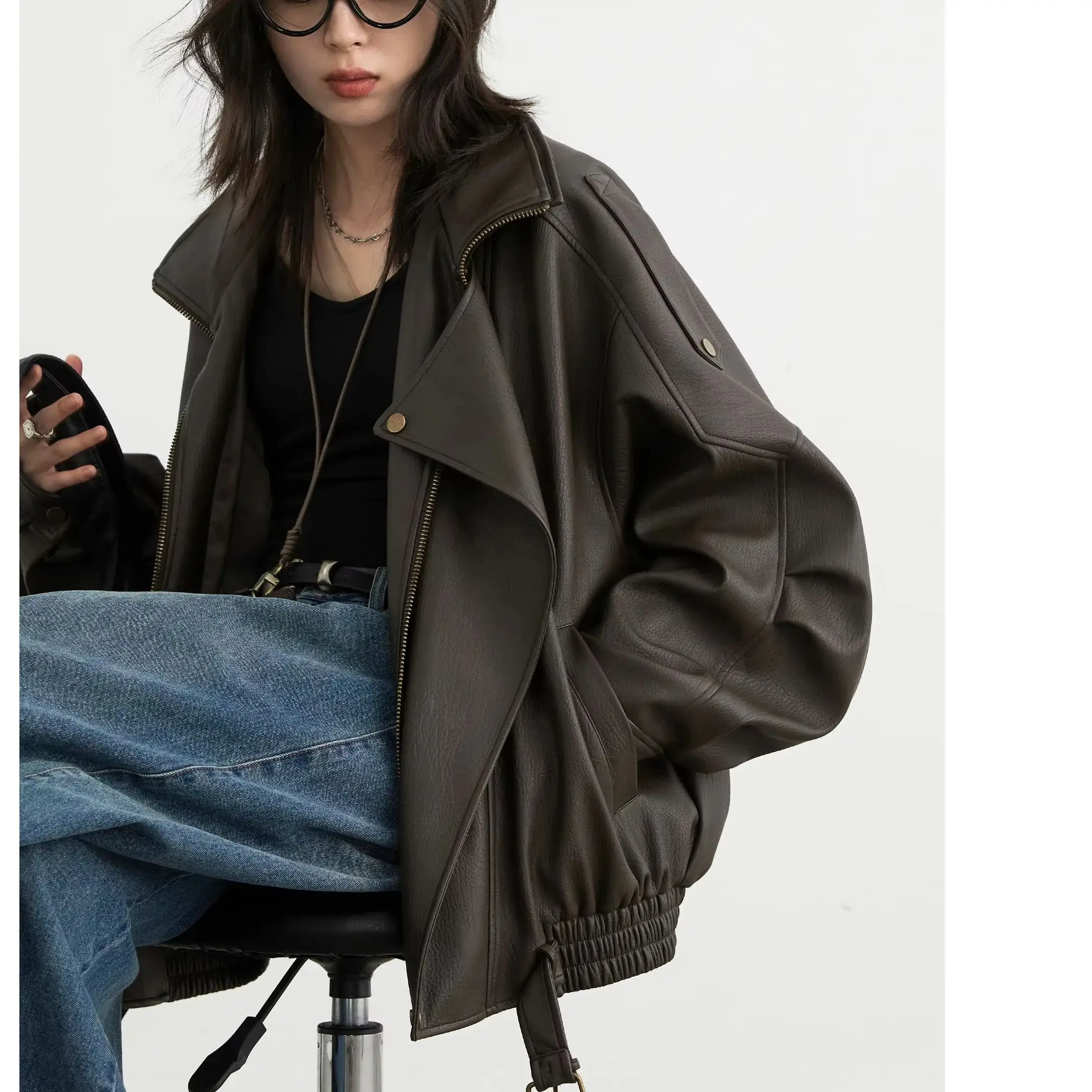 

Autumn 2026Female Jacket Solid Loose New Retro Standing Collar Motorcycle Faux Leather Coat Female Top Spring