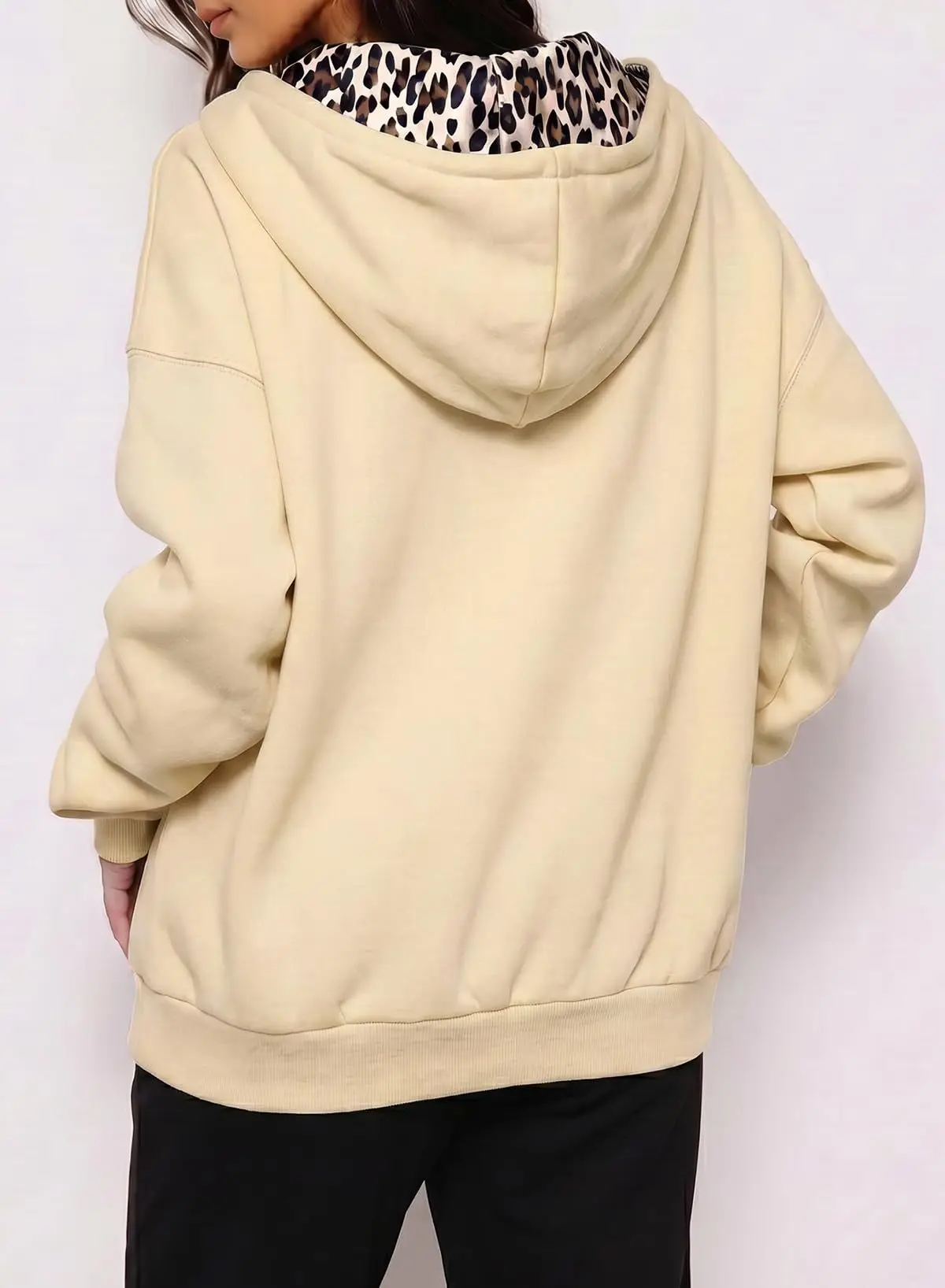 Women's Full Zip Hoodie with Leopard Hood Lining Oversized Long Sleeve Jacket Winter Warm Fleece Lined Sweatshirt Streetwear