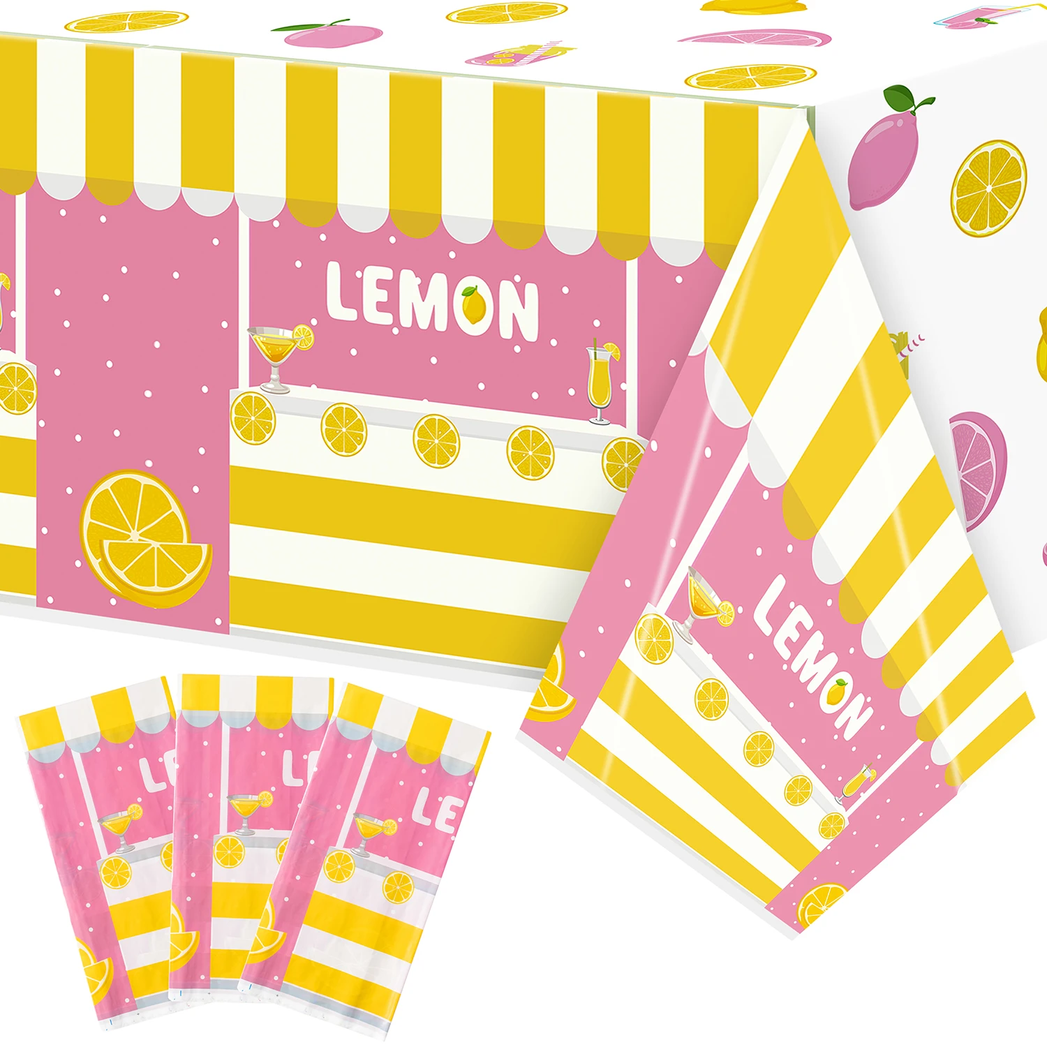 3Pcs Lemonade Stand Tablecloth Set PE Plastic Cartoon Lemon Print Waterproof Cover for Picnic Party Lemonade Stand Decor