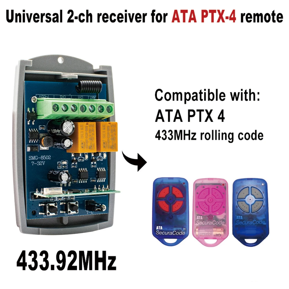 

Универсальный 2-канальный беспроводной переключатель, релейный приемник переменного тока, постоянного тока, 7-32 В, 85-250 В для ATA PTX-4 433,92 МГц, дистанционное управление гаражной дверью