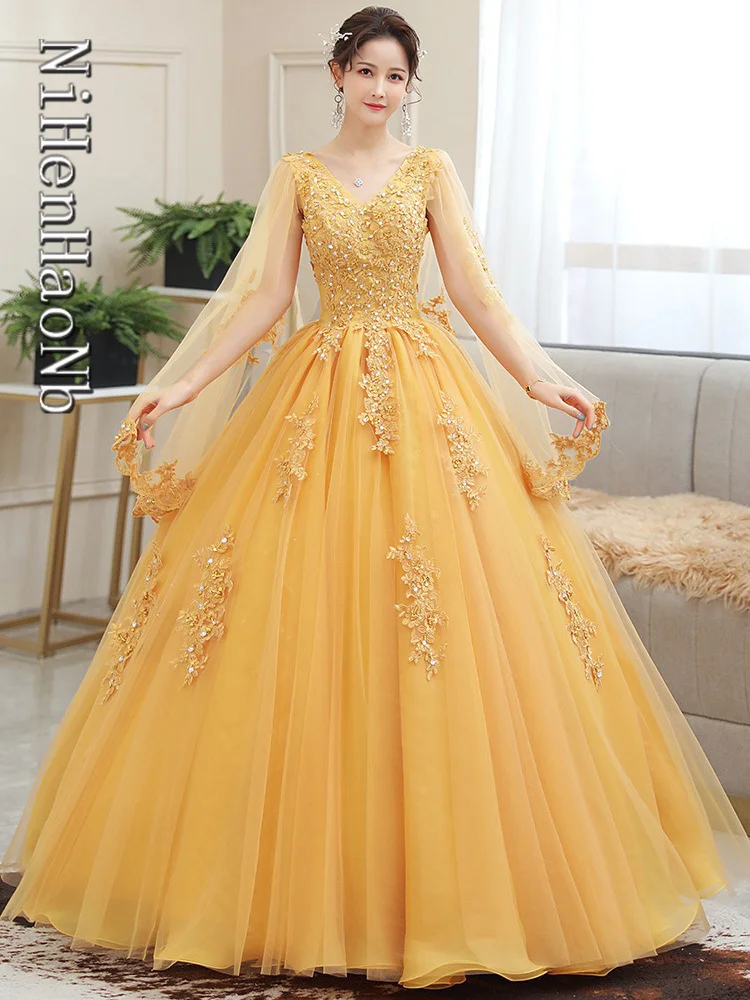 Vestidos de Quinceañera de manga larga, elegante vestido de fiesta con cuello en V, vestido de baile de lujo, nuevo