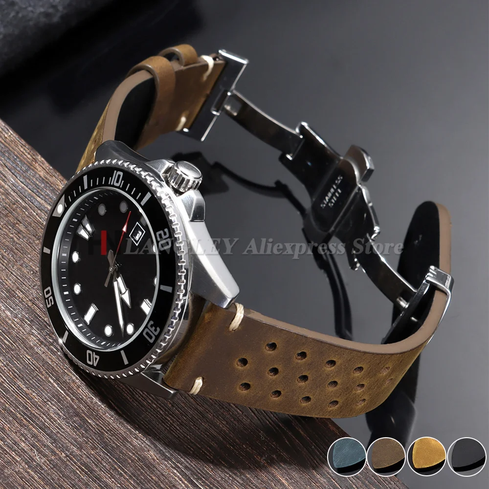Bracelet de montre vintage en cuir de vache cousu à la main pour Omega, pour montre connectée Seiko, bracelet respirant 18mm 20mm 21mm 22mm 24mm