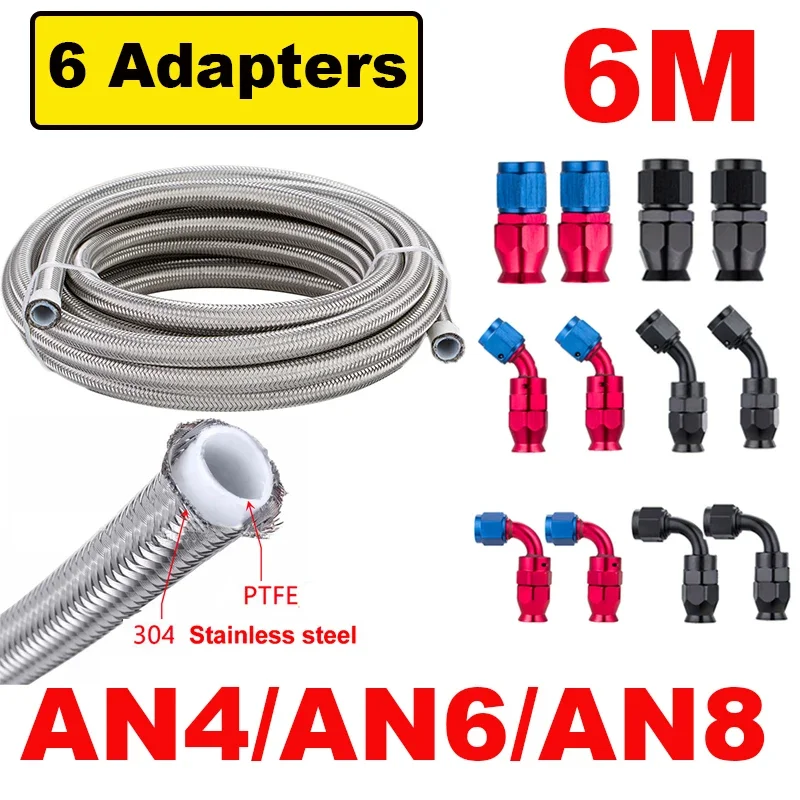 

6M 20FT AN4 AN6 AN8 PTFE Stainless Steel Braided Fuel Gas Oil Line Hose Assembly 0+45+90 Degree + 6x Swivel End Fitting Adapters