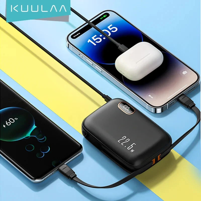 KUULAA Portable 22.5W Power Bank 10000mAh PD Fast Charging Powerbank Battery Charger, Built-in Cable For iPhone 15 14 13 12 11