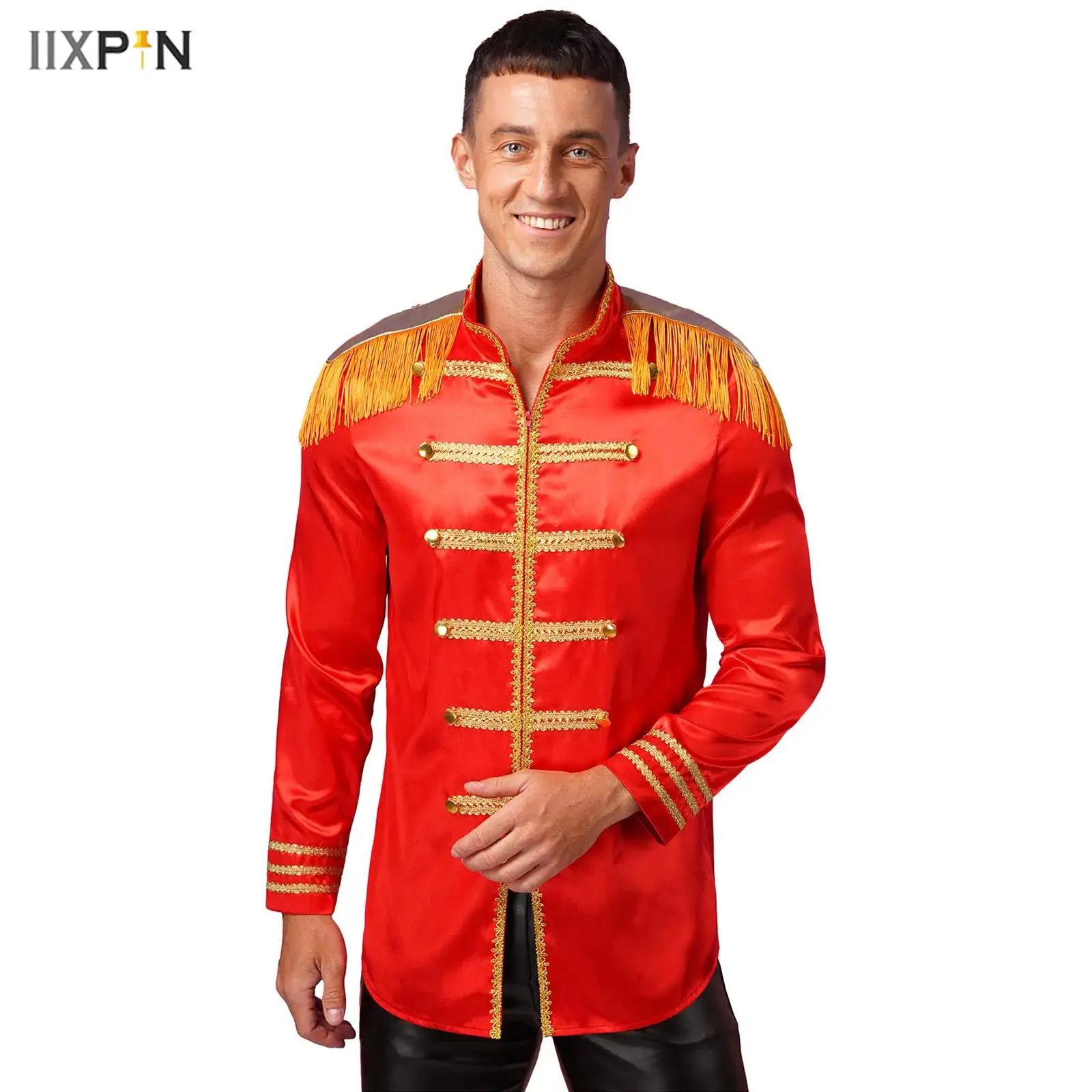 

Mens Halloween Hippy Medieval Long Outerwear Tassel Shoulder Boards Gold Trims Front Zip-up Satin Jackets Party Cosplay Costumes