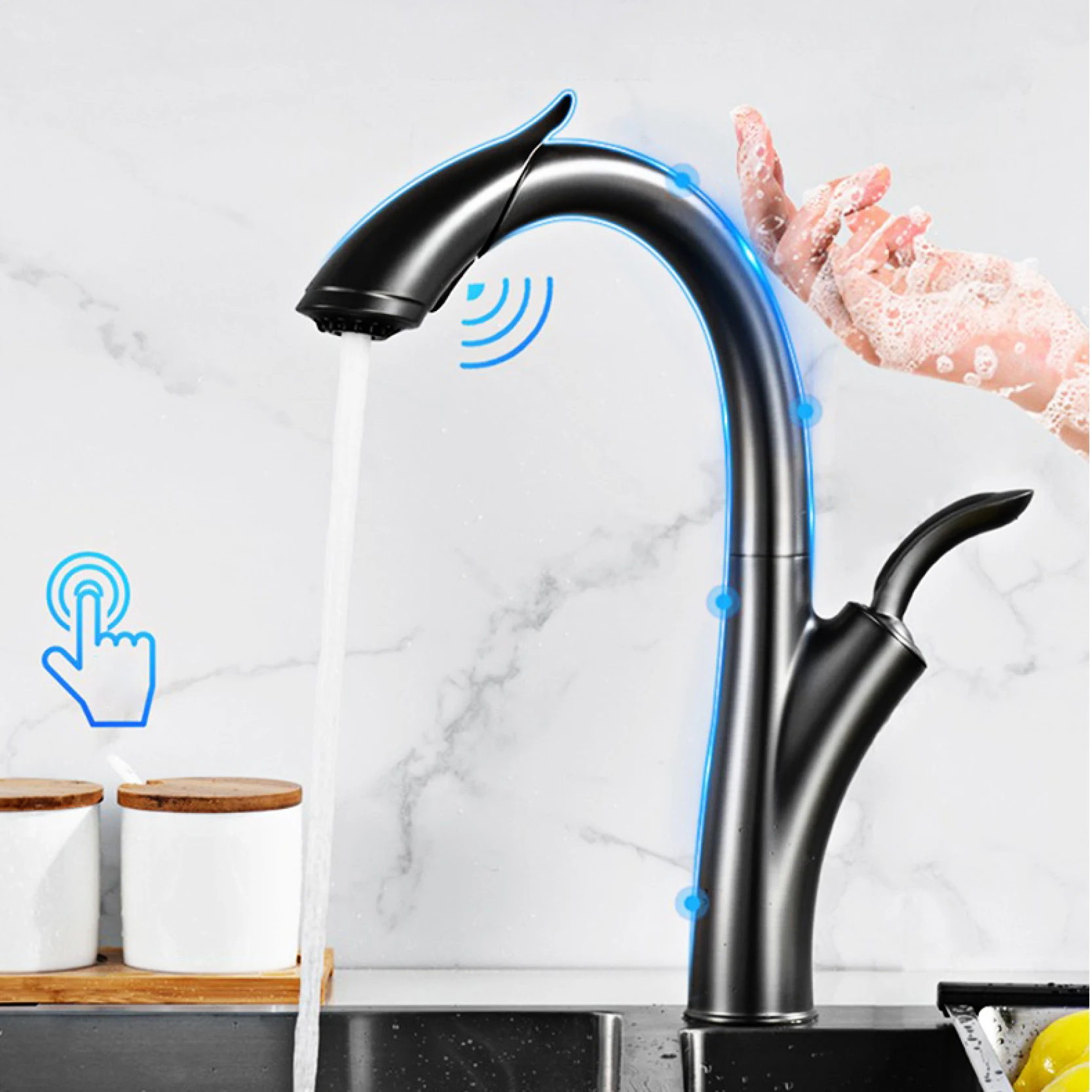 AITANA Luxury Gun Grey Brass Intelligent Touch Switch Kitchen Faucet Pull out Design Cold & Hot Water Modern 2-Function Sink Tap