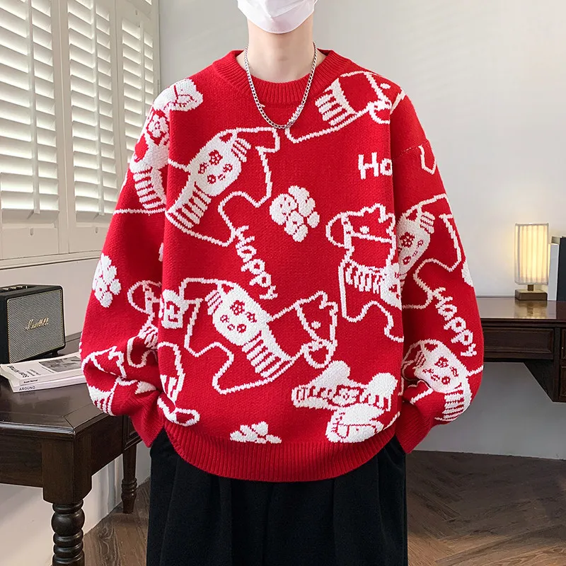 

Новинка 2025 года, мужской вязаный свитер, зимняя одежда для пар, красный трикотаж для подростков и молодежи, теплый и мягкий