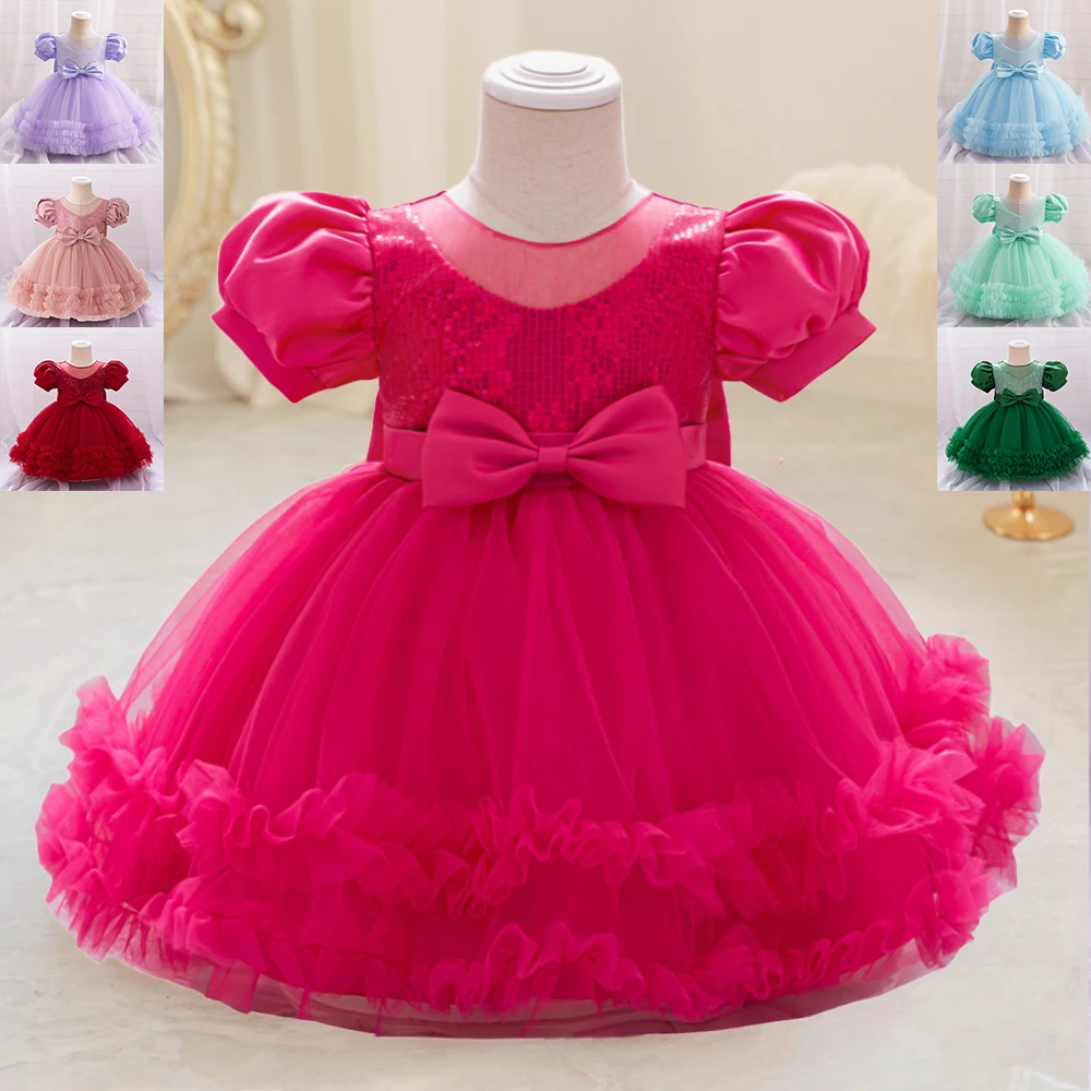 Toddler Sequin Baby Girl Party Dresses Bow Princess Dresses for Girl 1st Birthday Baptism Baby Dress Tutu Lace Wedding Prom Gown