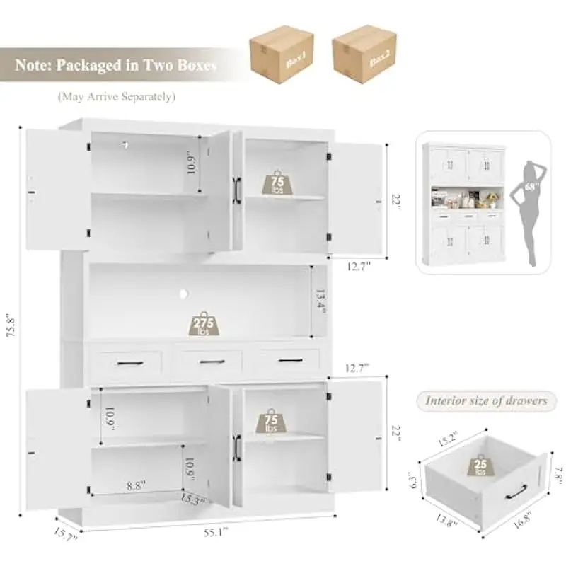 55 W x 76 H Freestanding Pantry Cabinet with 4 Shelves 3 Drawers and Countertop Space Engineered Wood Construction Waterproof Fi